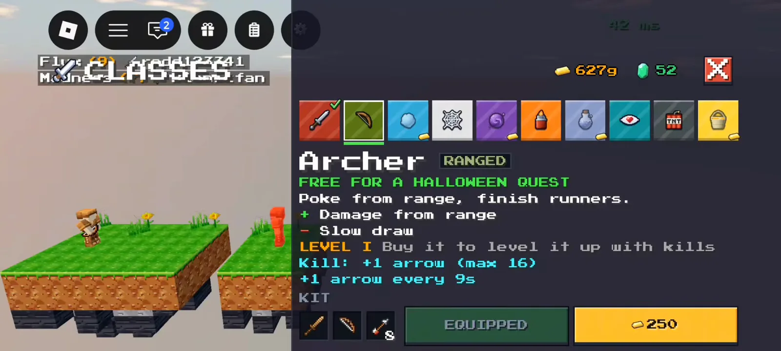 Archer RANGED panel used for tier reasoning in +1 Upgrade Per Kill Roblox class list
