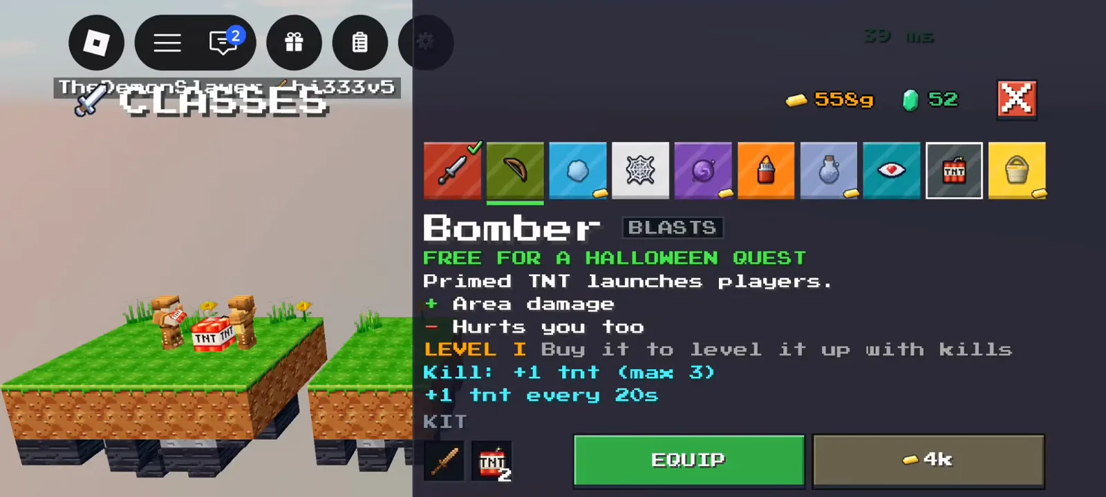 Bomber BLASTS TNT class panel in +1 Upgrade Per Kill Roblox with 4k price and Halloween FREE equip line