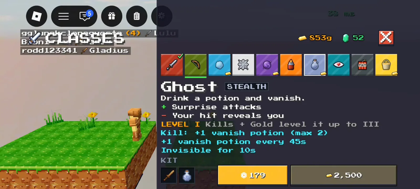 Ghost STEALTH vanish potion panel informing editorial A tier in +1 Upgrade Per Kill