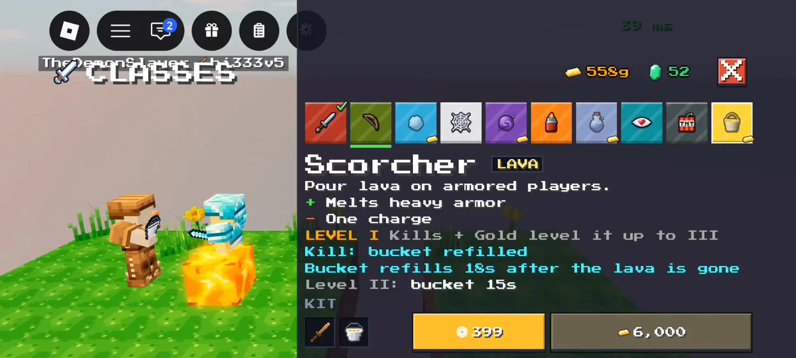 Scorcher LAVA bucket class panel supporting B tier cost-versus-charge tradeoff in +1 Upgrade Per Kill