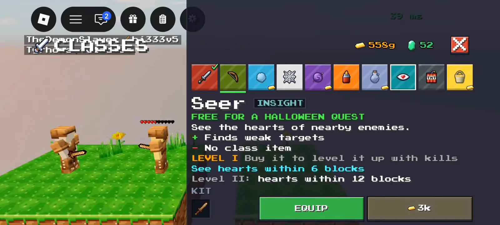 Seer INSIGHT heart-vision class screen in +1 Upgrade Per Kill with 3k Gold price and Halloween FREE quest tag