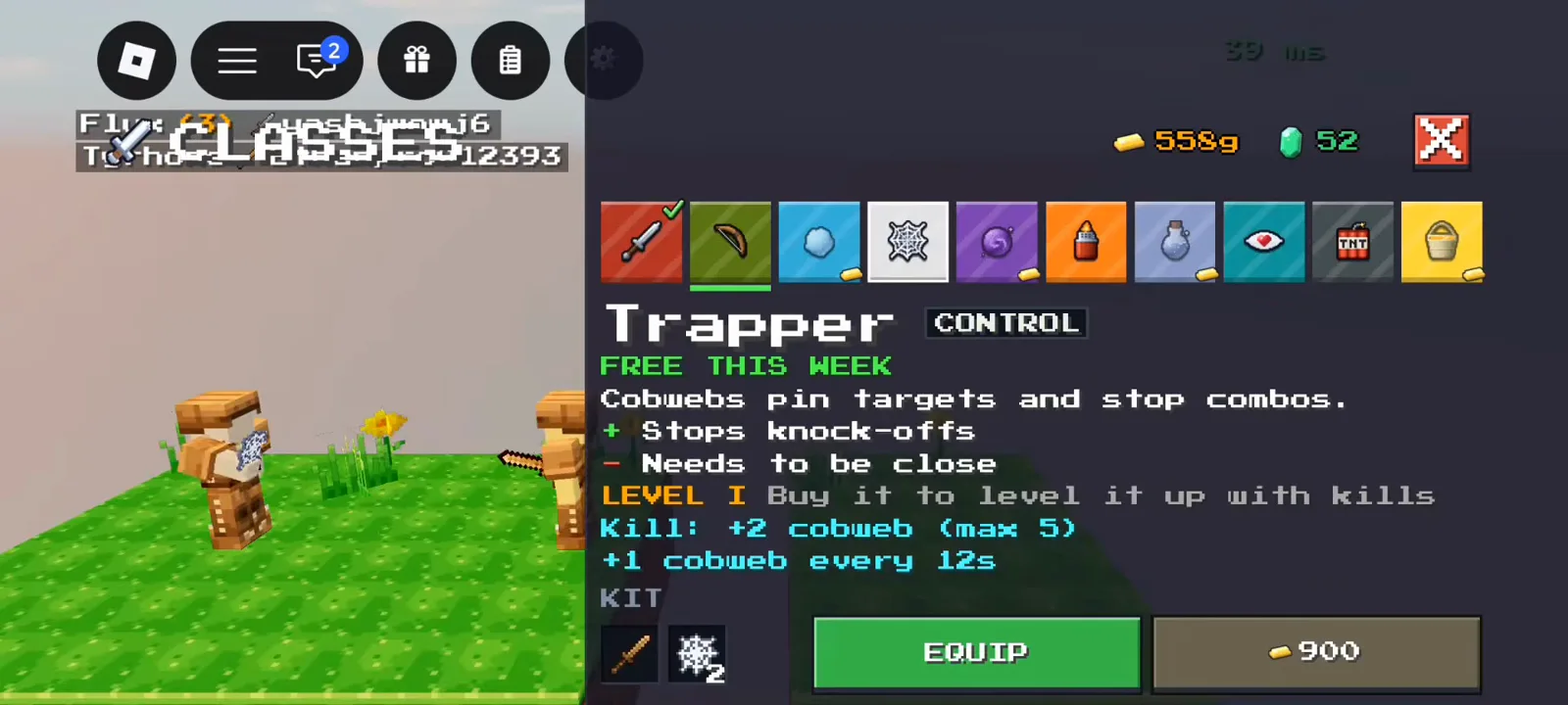 Trapper CONTROL cobweb class window in +1 Upgrade Per Kill with FREE THIS WEEK and 900g equip