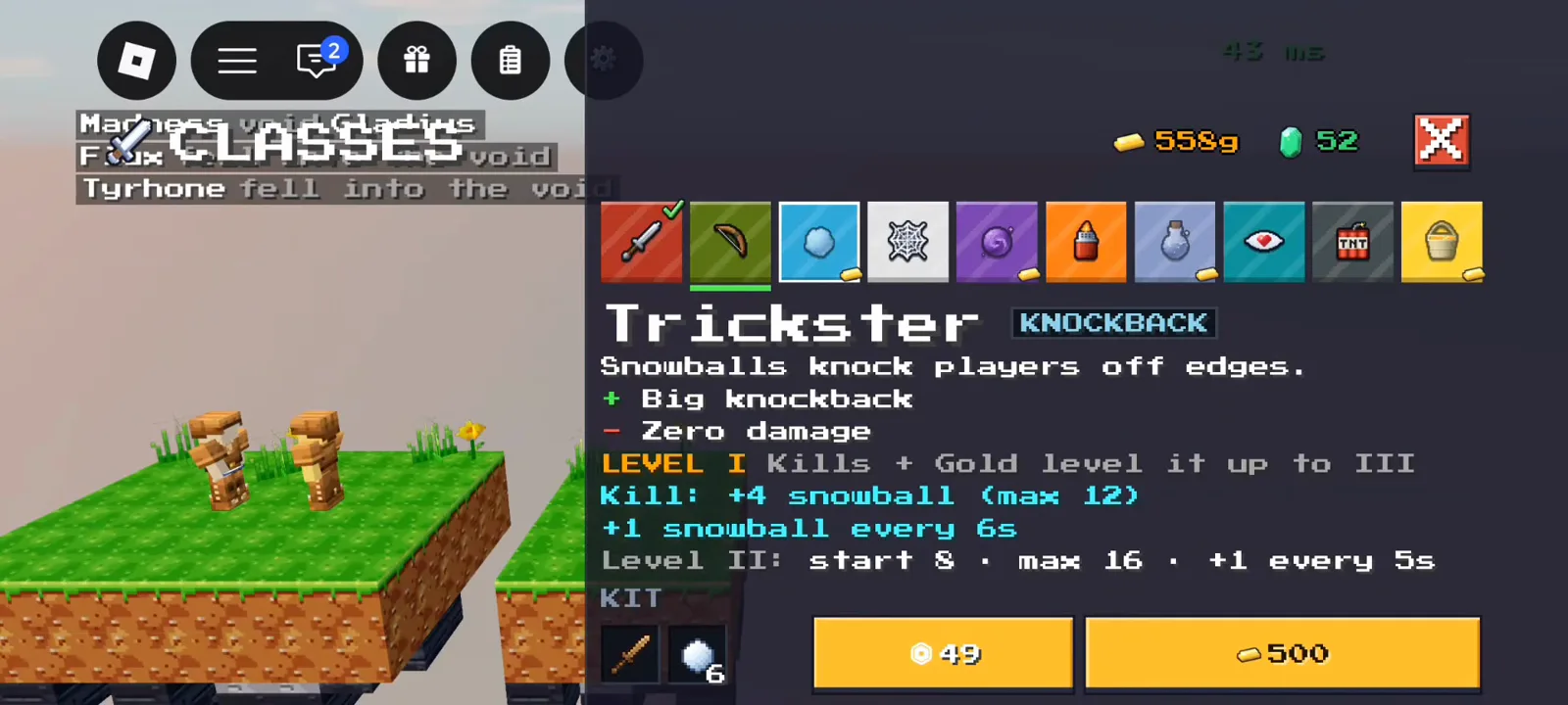 Trickster snowball knockback class panel for budget knockback route in +1 Upgrade Per Kill