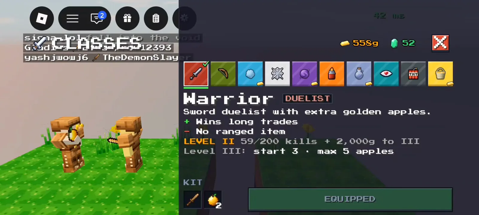 Warrior DUELIST class panel Level II progress EQUIPPED in +1 Upgrade Per Kill Roblox