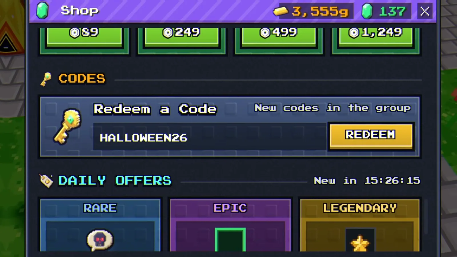 HALLOWEEN26 typed into the +1 Upgrade Per Kill Shop CODES box, one of the codes whose result was not shown