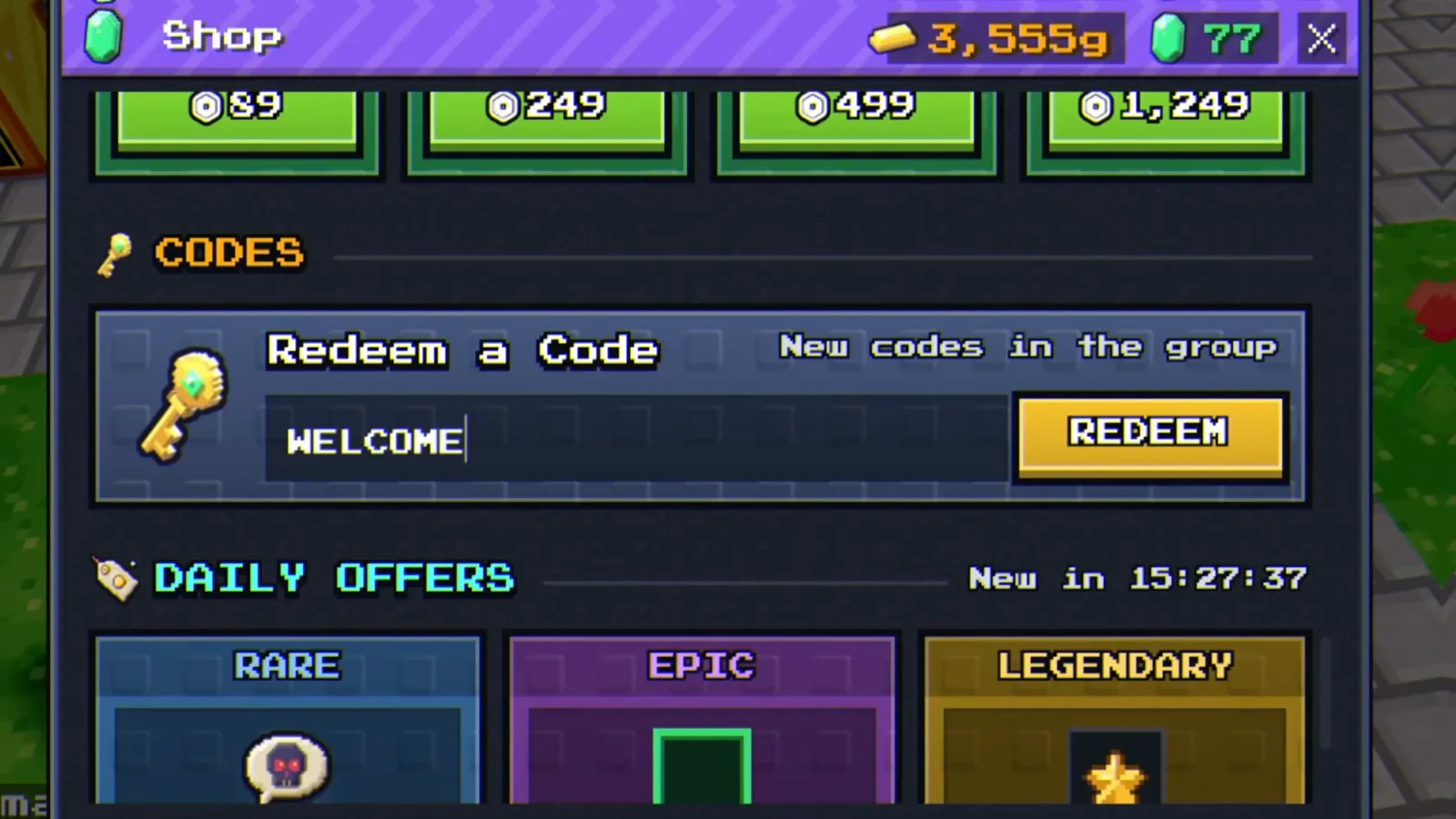 The WELCOME code typed into the +1 Upgrade Per Kill Shop CODES box before pressing REDEEM