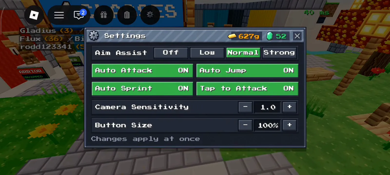 Settings panel Aim Assist Normal and auto toggles ON in +1 Upgrade Per Kill