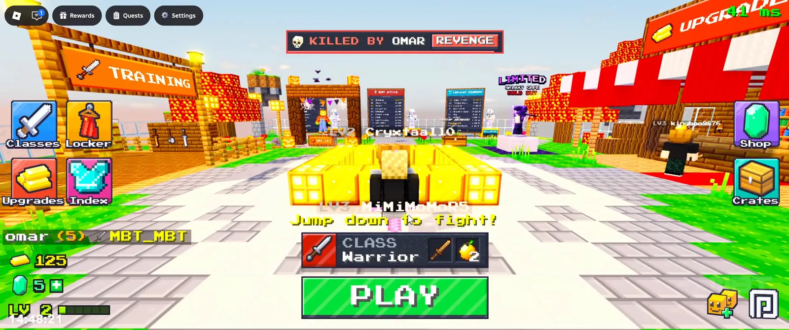 TOP KILLS and FASTEST DIAMOND lobby boards beside training area in +1 Upgrade Per Kill