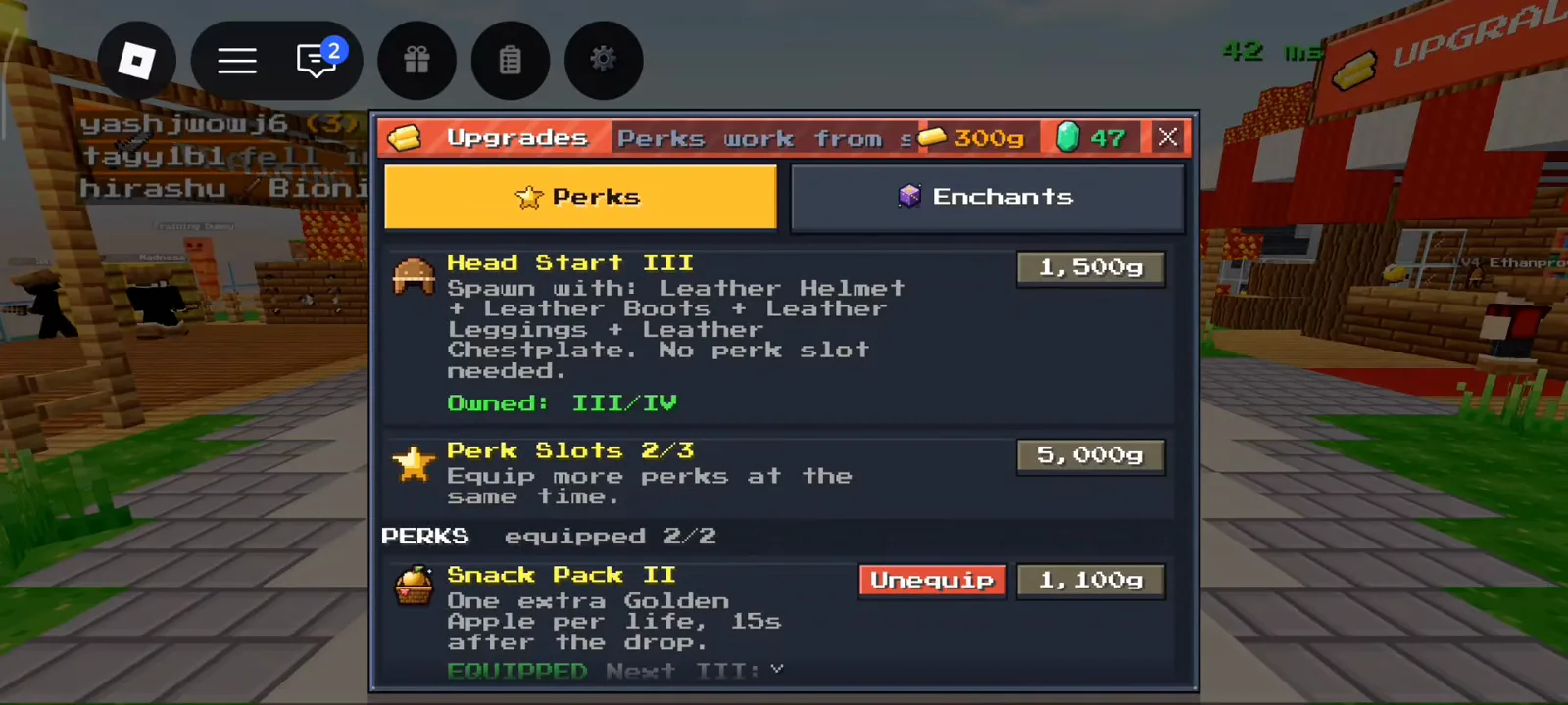 Head Start III and Perk Slots 2/3 5000g on Upgrades Perks tab