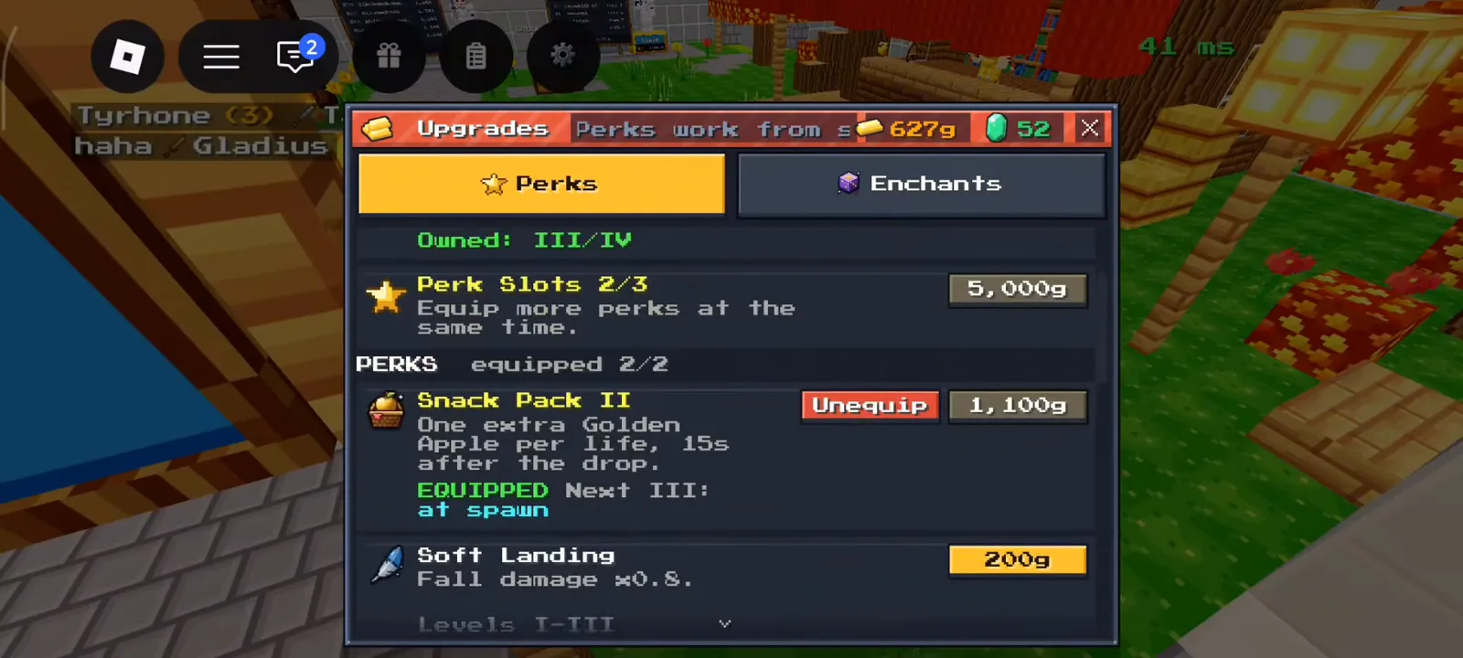 Snack Pack II Soft Landing 200g Perk Slots 5000g Upgrades panel