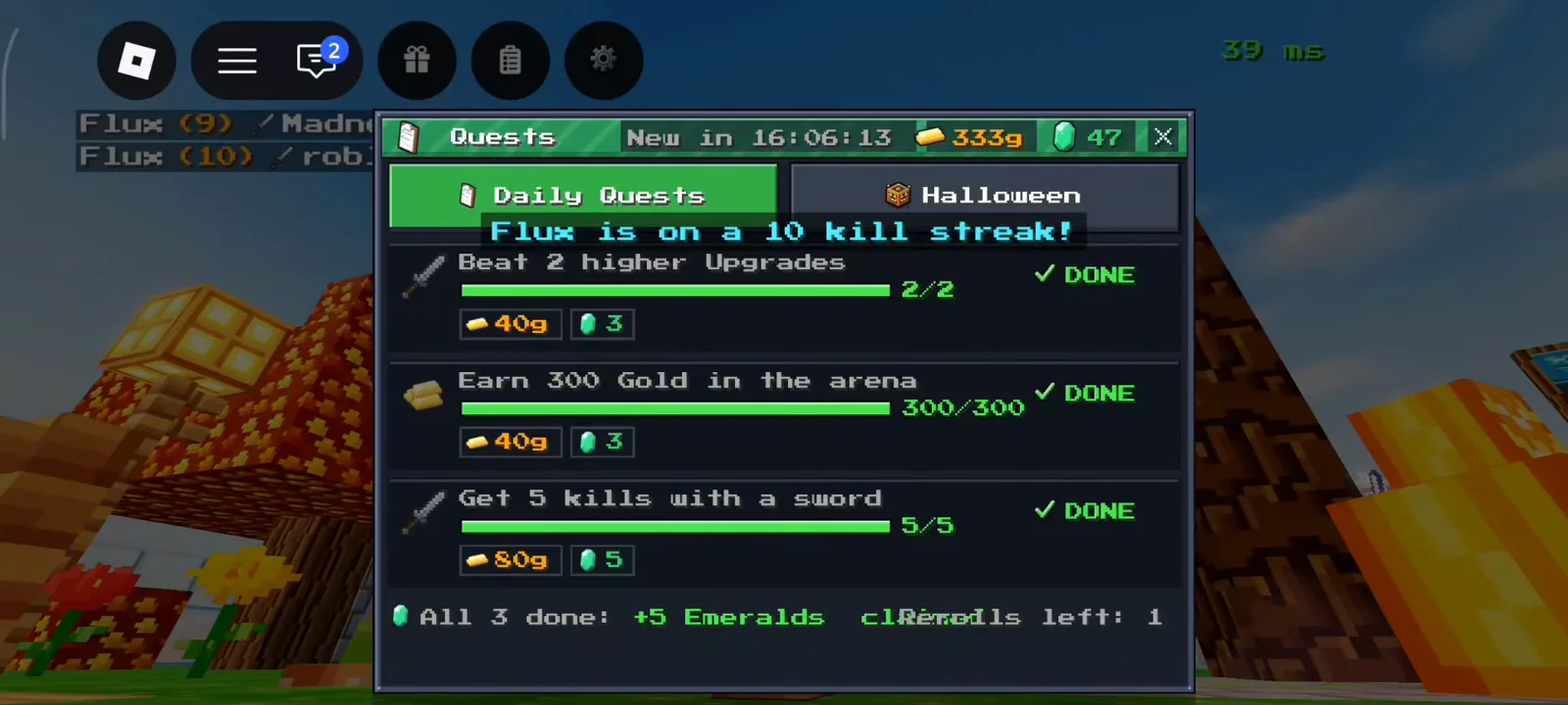 Daily Quests tab with three completed tasks in +1 Upgrade Per Kill