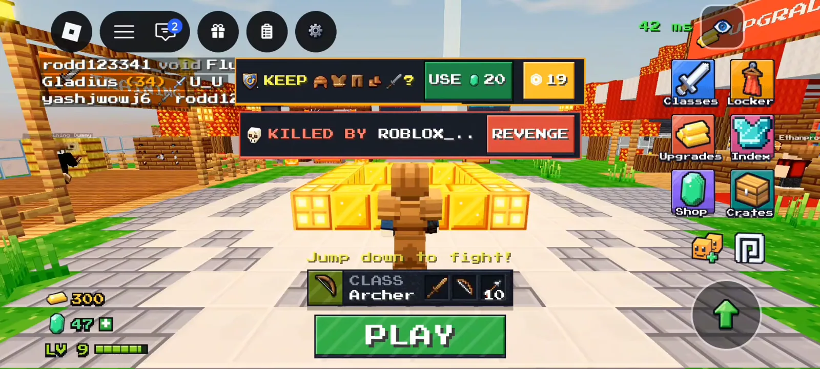 Lobby KEEP gear bar USE twenty emeralds with REVENGE banner after respawn